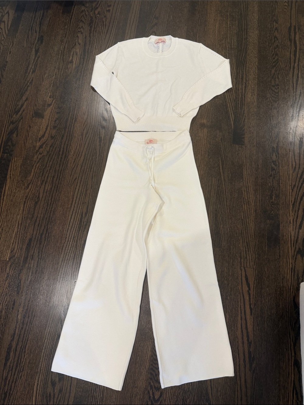 Cream Wide-Leg Knit Pants with Drawstring Waist
